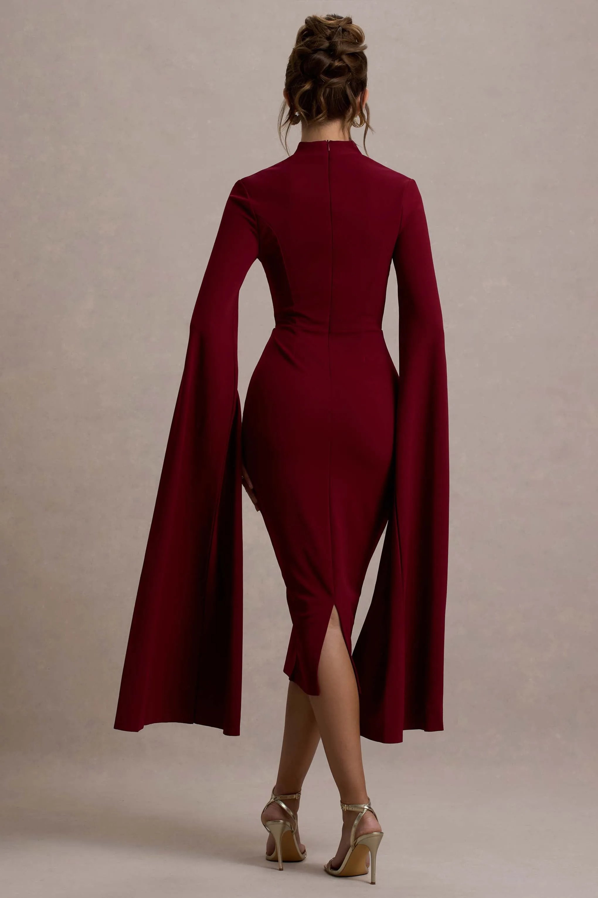 Linden | Berry Bodycon Cape-Sleeve Midi Dress