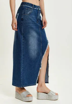 Liquorish Blue Wrap Front Maxi Denim Skirt