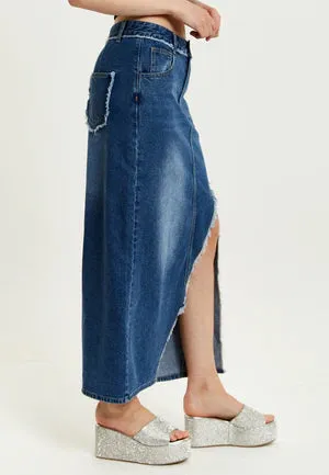 Liquorish Blue Wrap Front Maxi Denim Skirt