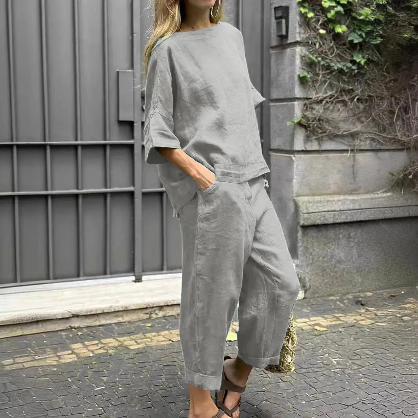 Loungewear Casual Cotton Linen Fashion Solid Color O-neck Daily Summer Set