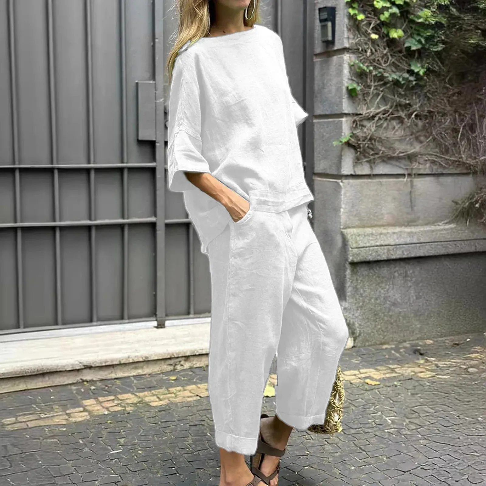 Loungewear Casual Cotton Linen Fashion Solid Color O-neck Daily Summer Set