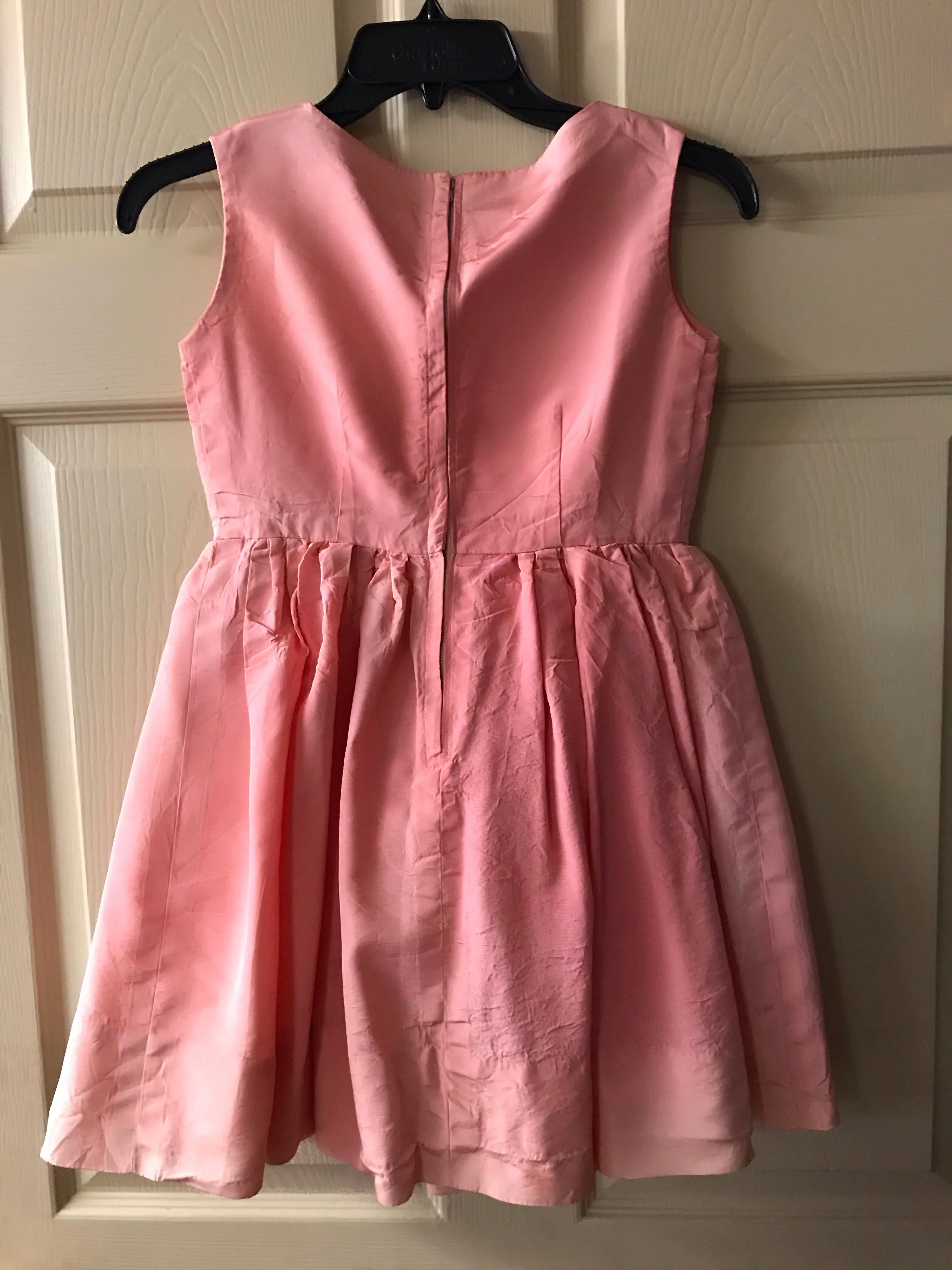 <€€ Vintage Girls Sz 6/7 Satin Sleeveless Salmon Pink Dress Zip Back Skirt Netting