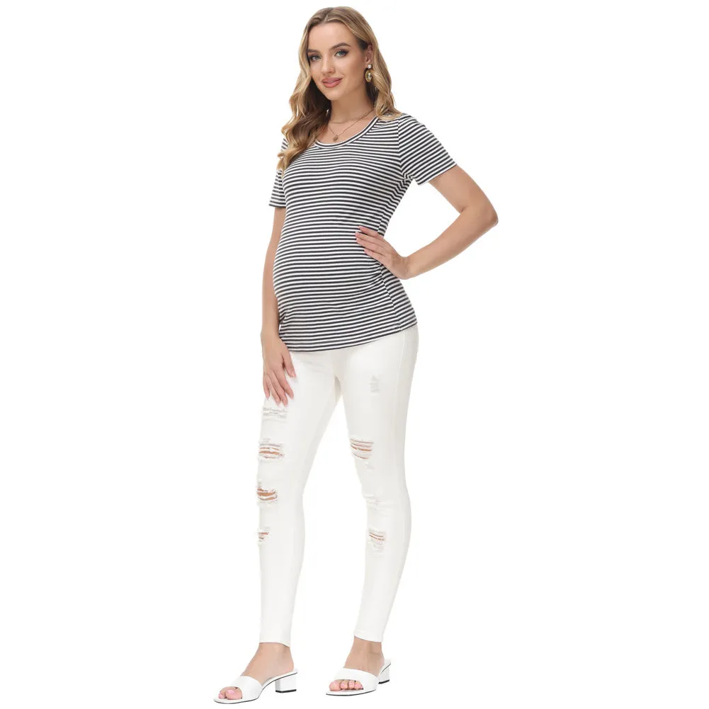 Maacie White Women Maternity Scratched Jeans High Waist Whole Pregnancy Denim Pants