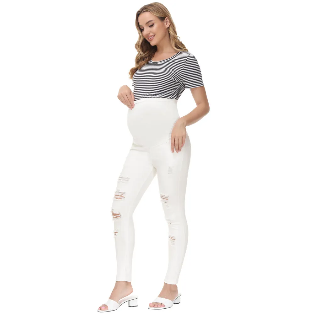 Maacie White Women Maternity Scratched Jeans High Waist Whole Pregnancy Denim Pants