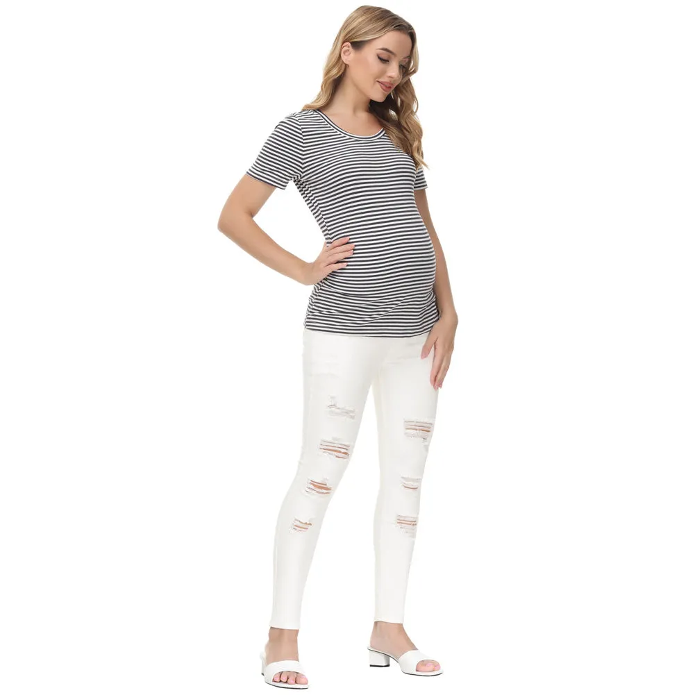 Maacie White Women Maternity Scratched Jeans High Waist Whole Pregnancy Denim Pants