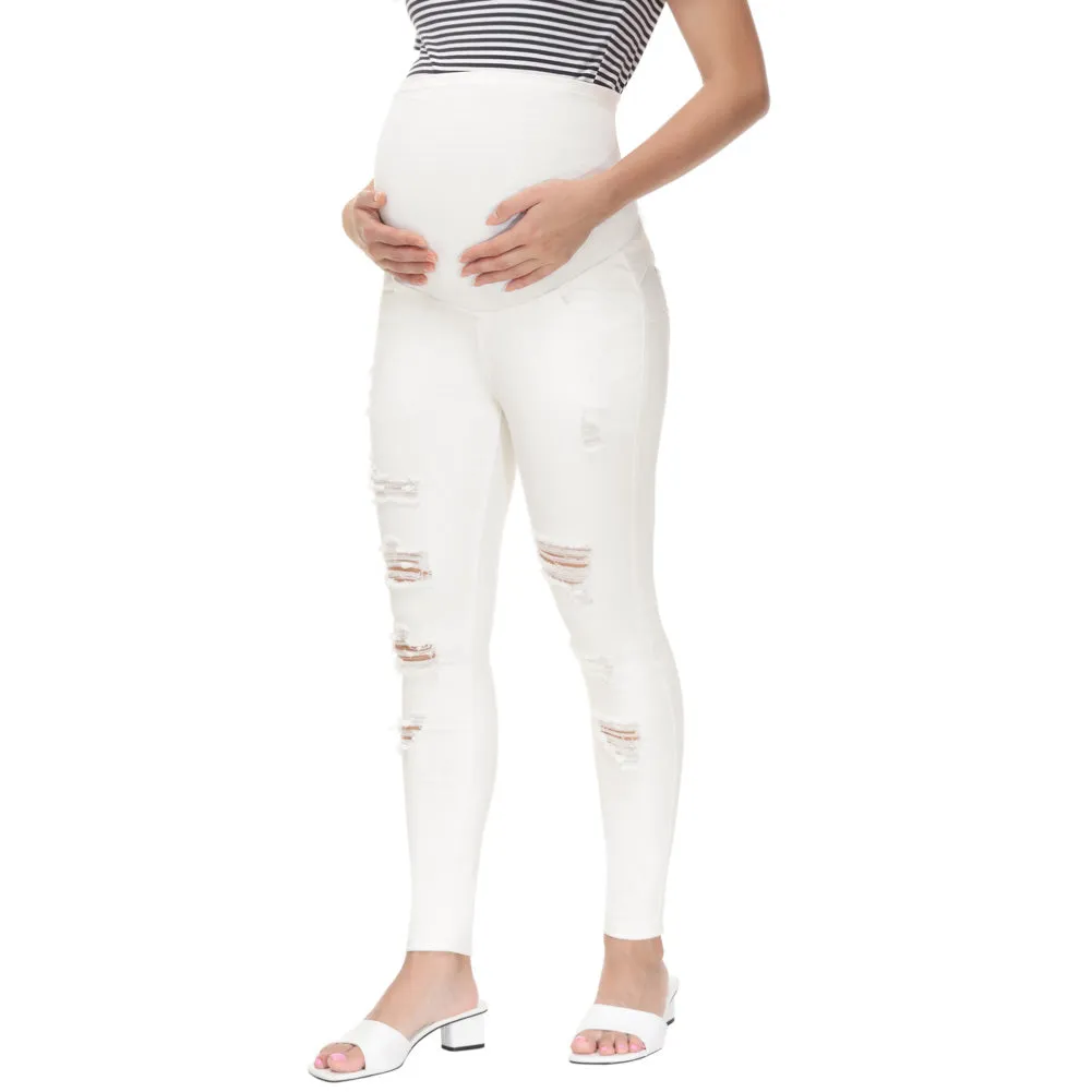 Maacie White Women Maternity Scratched Jeans High Waist Whole Pregnancy Denim Pants