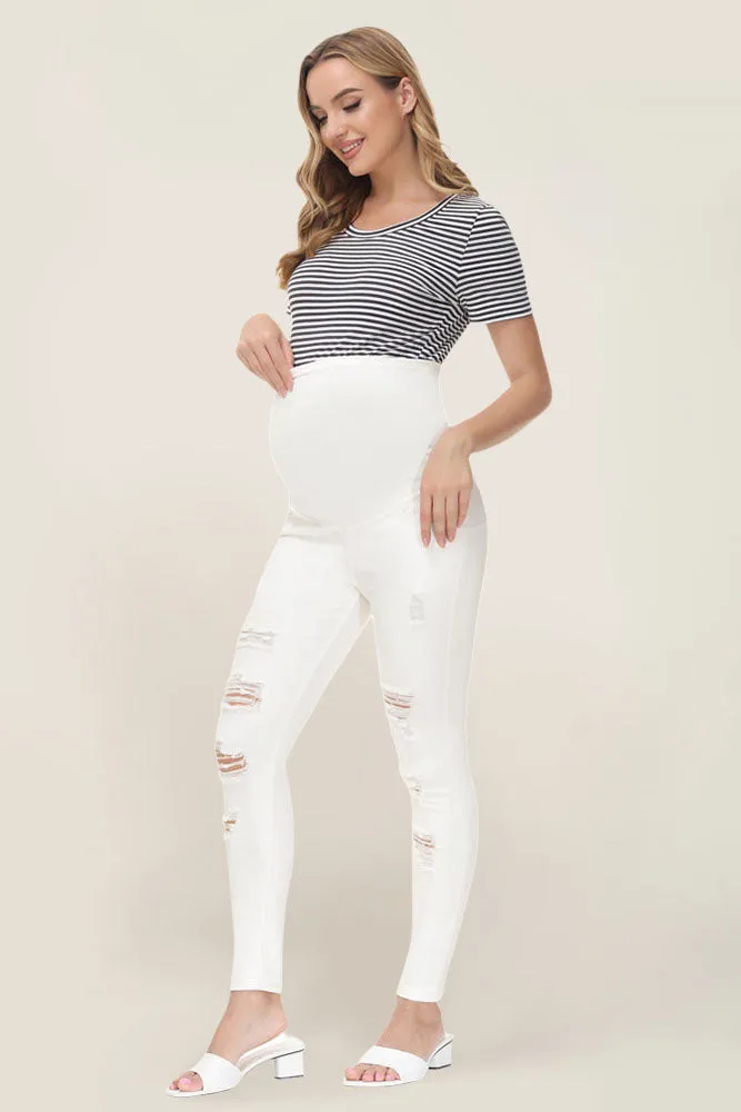 Maacie White Women Maternity Scratched Jeans High Waist Whole Pregnancy Denim Pants