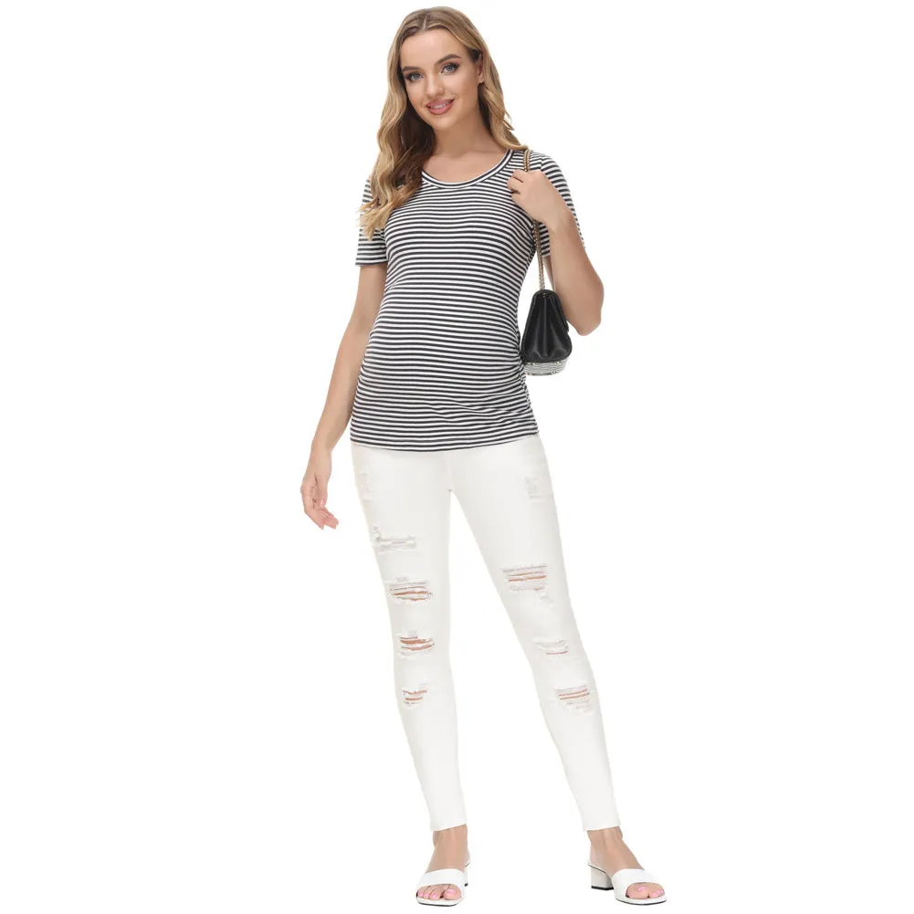 Maacie White Women Maternity Scratched Jeans High Waist Whole Pregnancy Denim Pants