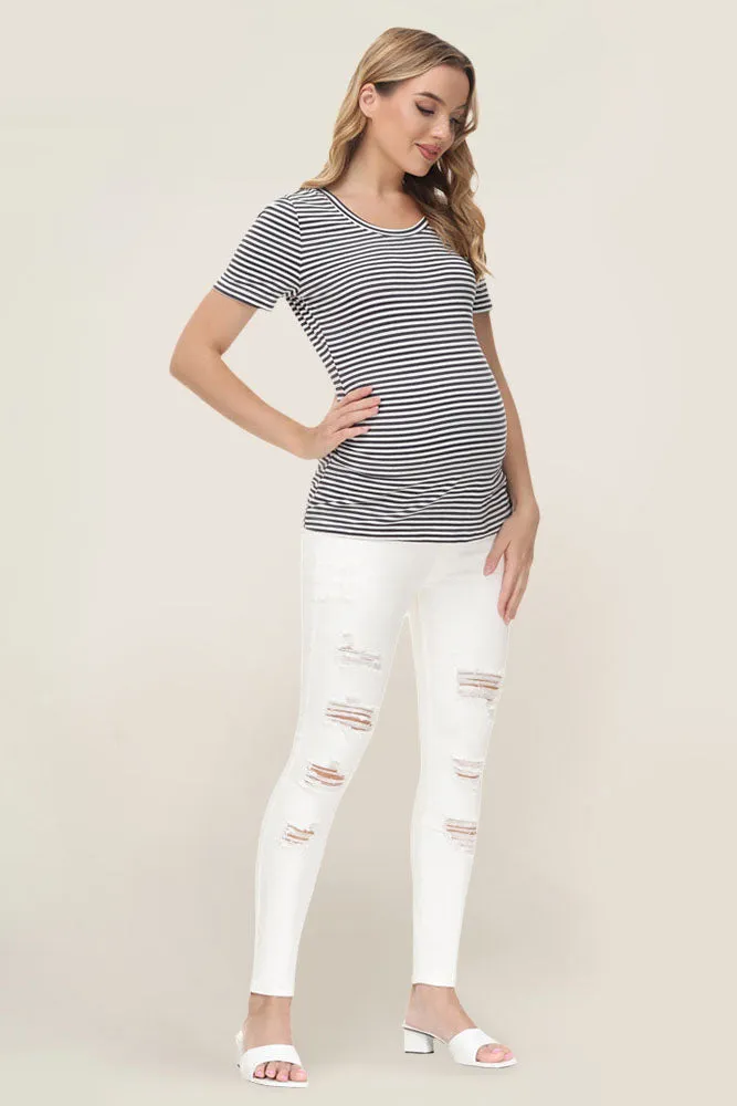 Maacie White Women Maternity Scratched Jeans High Waist Whole Pregnancy Denim Pants