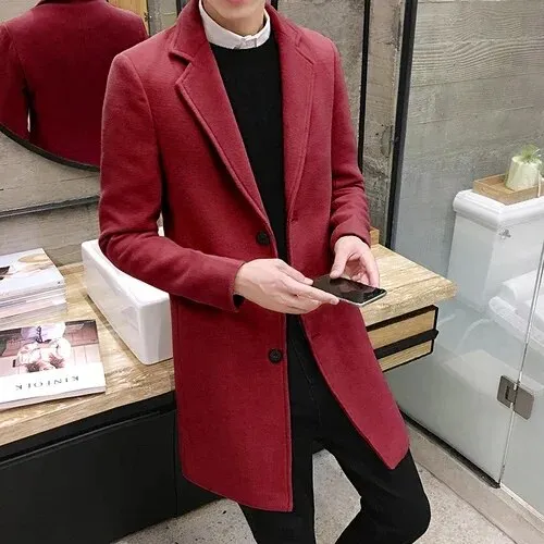 Men Long Cotton Coat 2023 Autumn Winter New Wool Blend Pure Color Casual Business Fashion Slim Windbreaker Jacket Men Clothing