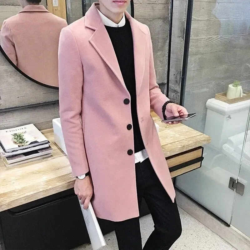 Men Long Cotton Coat 2023 Autumn Winter New Wool Blend Pure Color Casual Business Fashion Slim Windbreaker Jacket Men Clothing