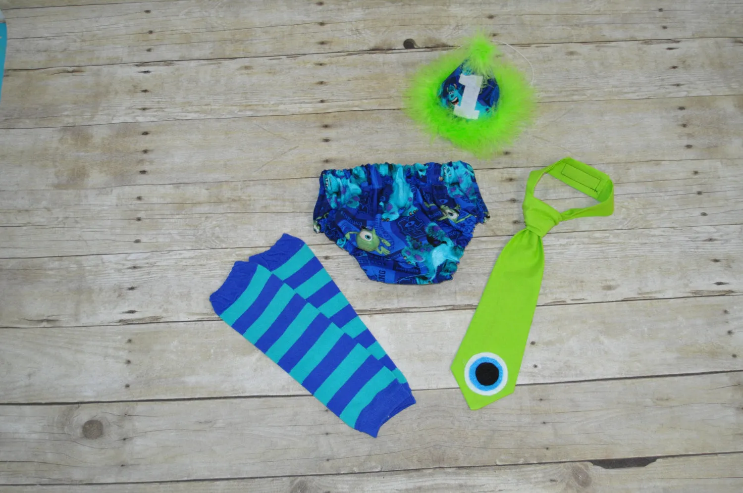 Monsters Inc cake smash outfit, mike tie,1st 2nd 3rd  birthday,monsters inc diaper cover,monsters inc tie, blue and teal striped leg warmers