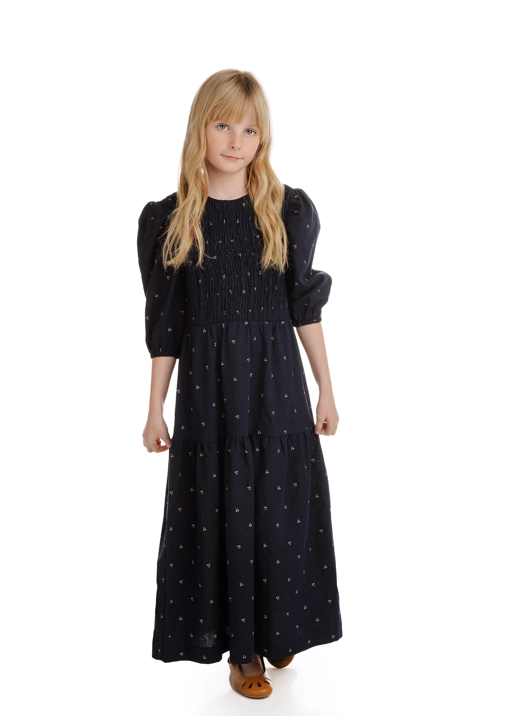 Navy Cherry Print Shirred Bodice Maxi Dress