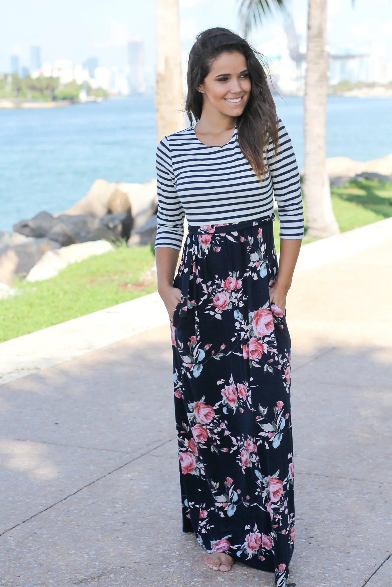 Navy Floral Striped Maxi Dress with Tie Waist