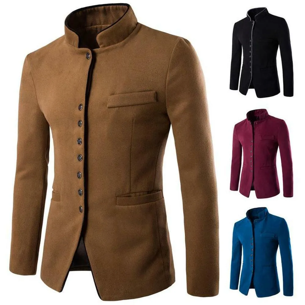 Nidicus Men Retro Single Breasted Pea Coat Classic Slim Fit Wool Blend Jacket