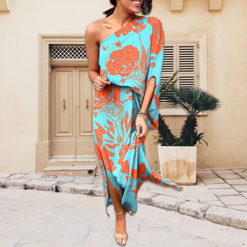 One Shoulder Print Slit Maxi Dress