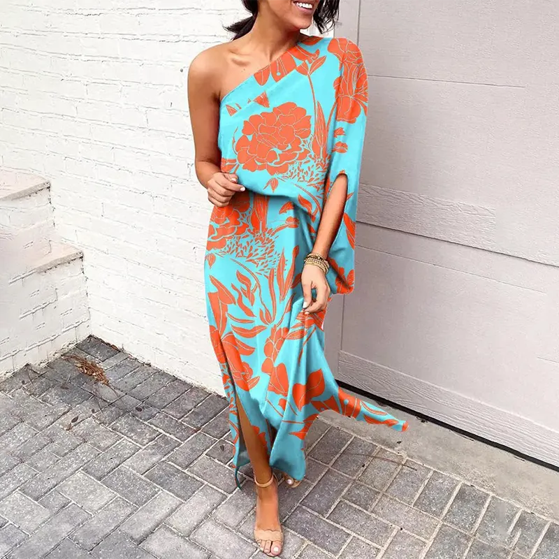 One Shoulder Print Slit Maxi Dress