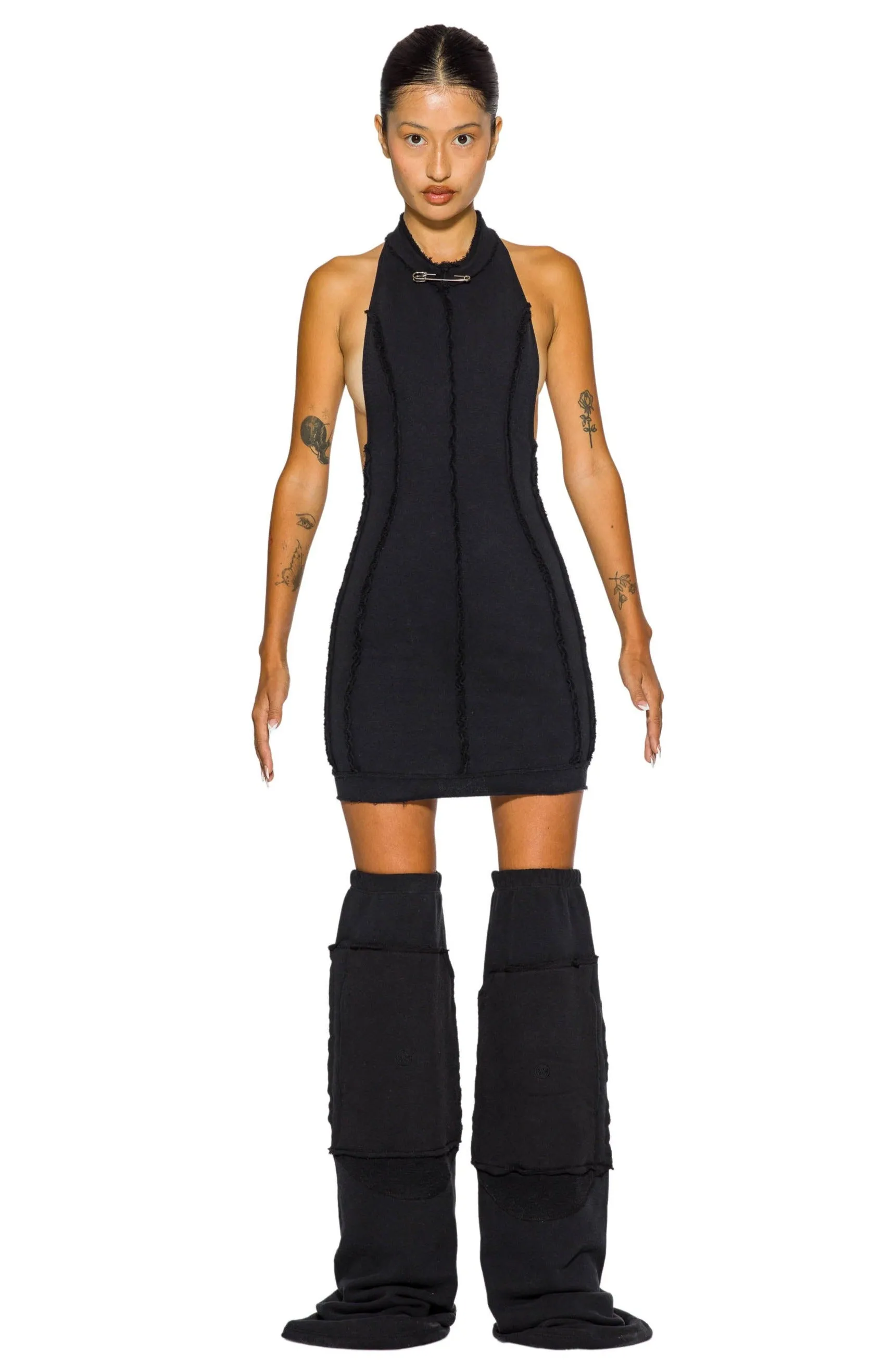 OPEN SEAM LOW BACK HALTER DRESS IN BLACK TERRY