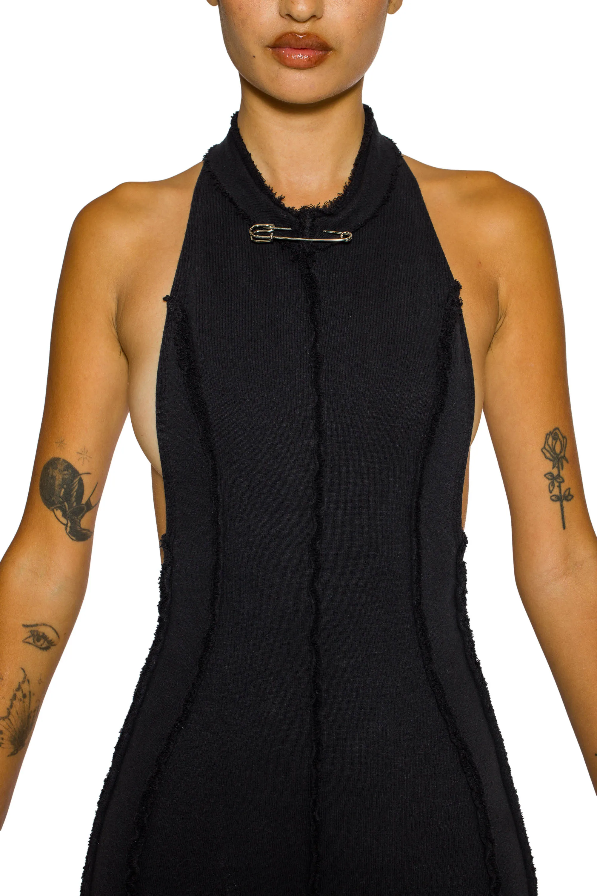 OPEN SEAM LOW BACK HALTER DRESS IN BLACK TERRY