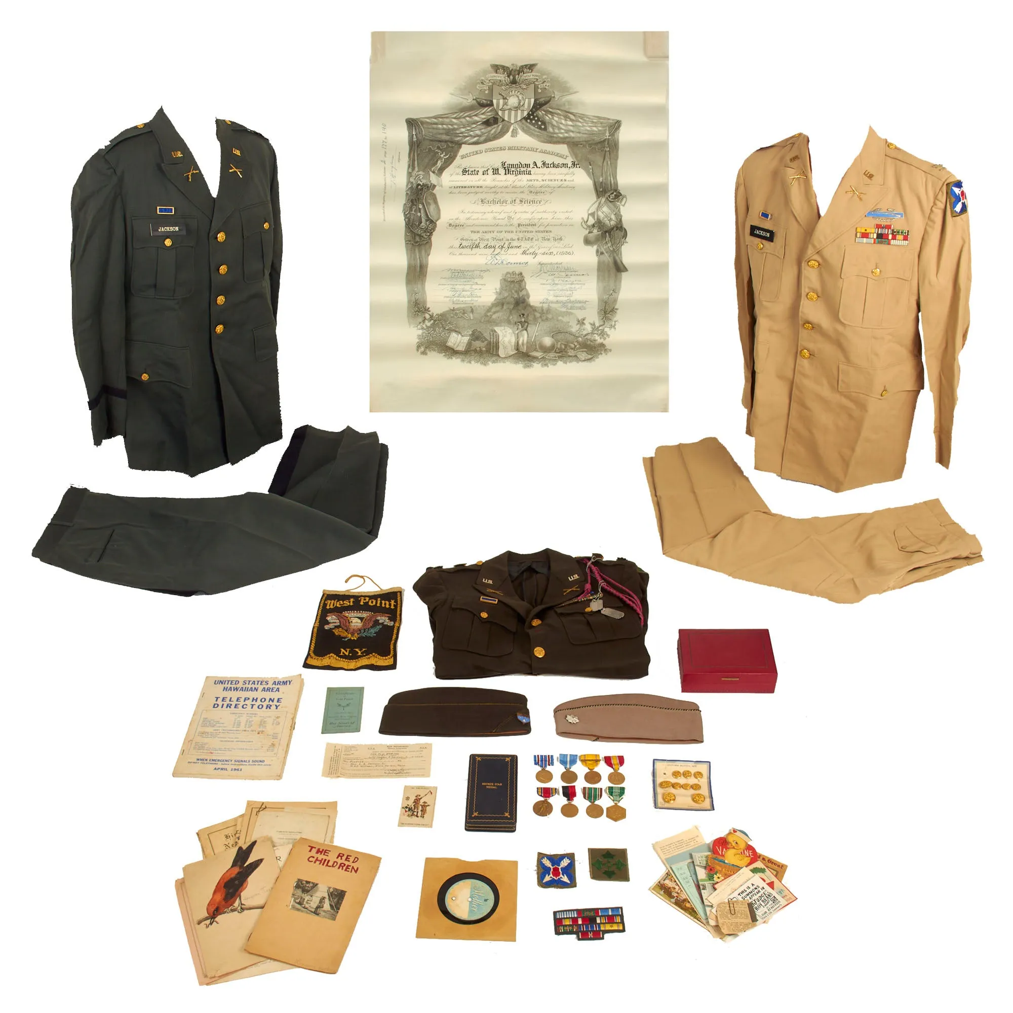 Original U.S. WWII to Korean War Era Large West Point Graduate Uniforms, Insignia and Document Grouping for Colonel Langdon A. Jackson, 4th Infantry Division & XXI Corps - West Point Class of 1936