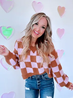 Oversized Checker Print Crop Sweater -Brown/Lavender