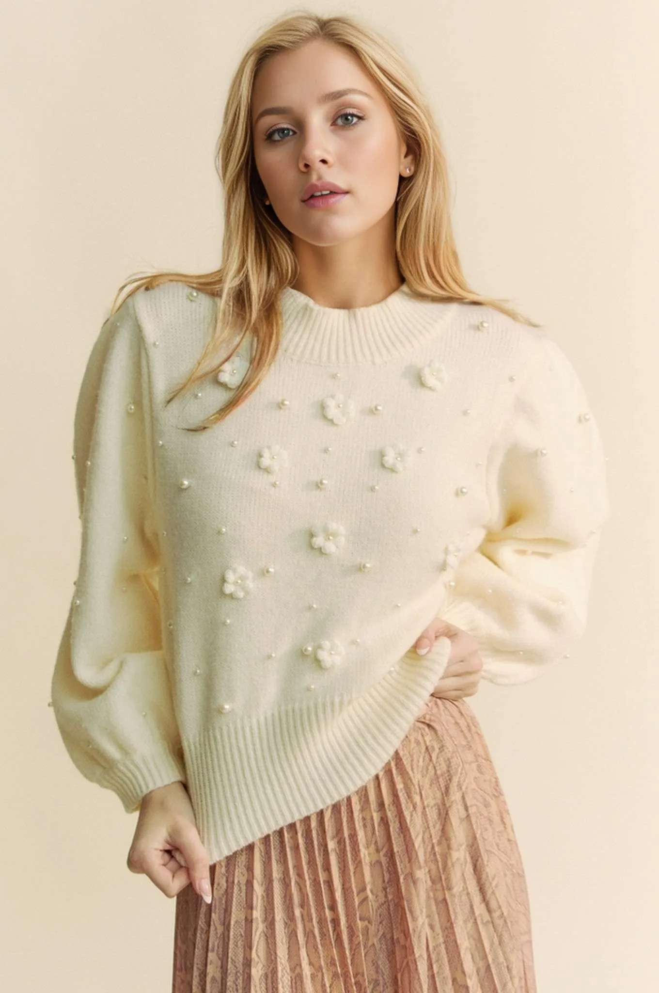 Pearl Flower Trim Long Sleeve Loose Fit Sweater