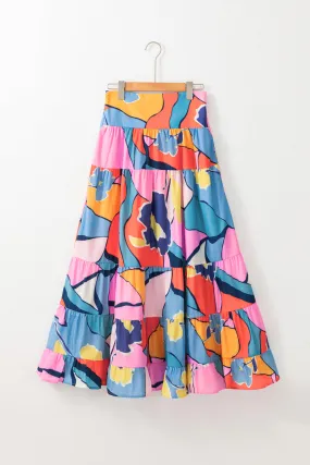 Pink Printed Pocketed High Waist Maxi Skirt