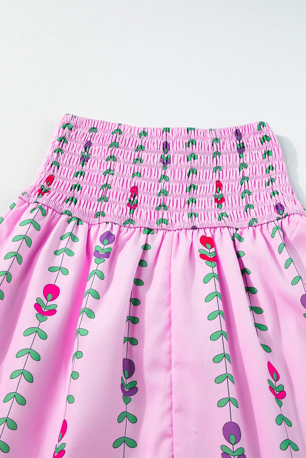 Pink Printed Smocked Tiered Maxi Skirt