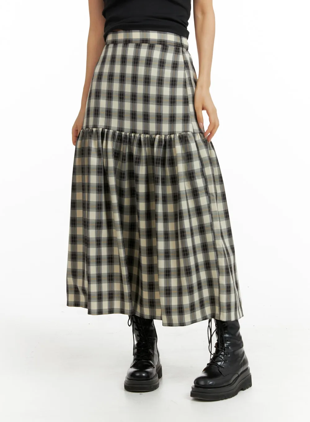 Plaid Flare Maxi Skirt IM404