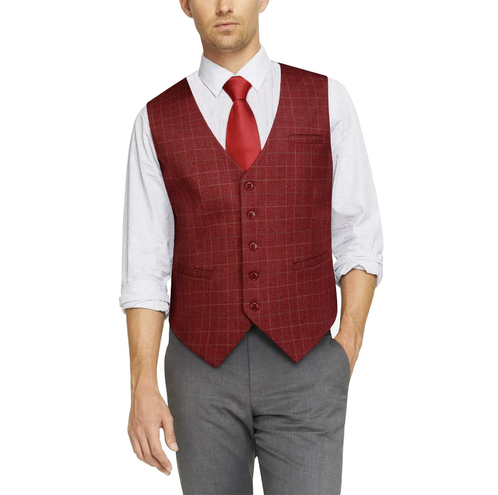 Plaid Slim Suit Vest - A-RED