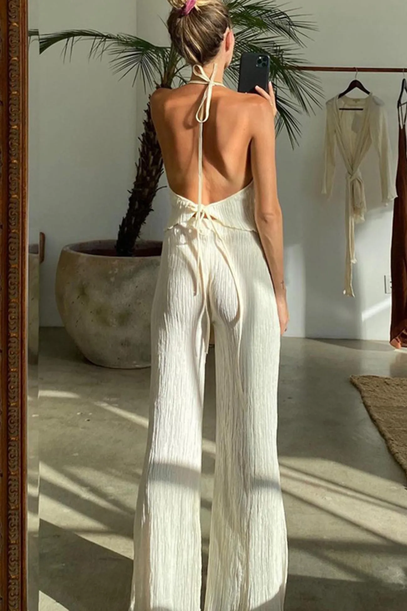 Pleated Tie-back Vest High Waist Slit Long Pants Set