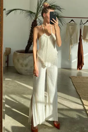 Pleated Tie-back Vest High Waist Slit Long Pants Set