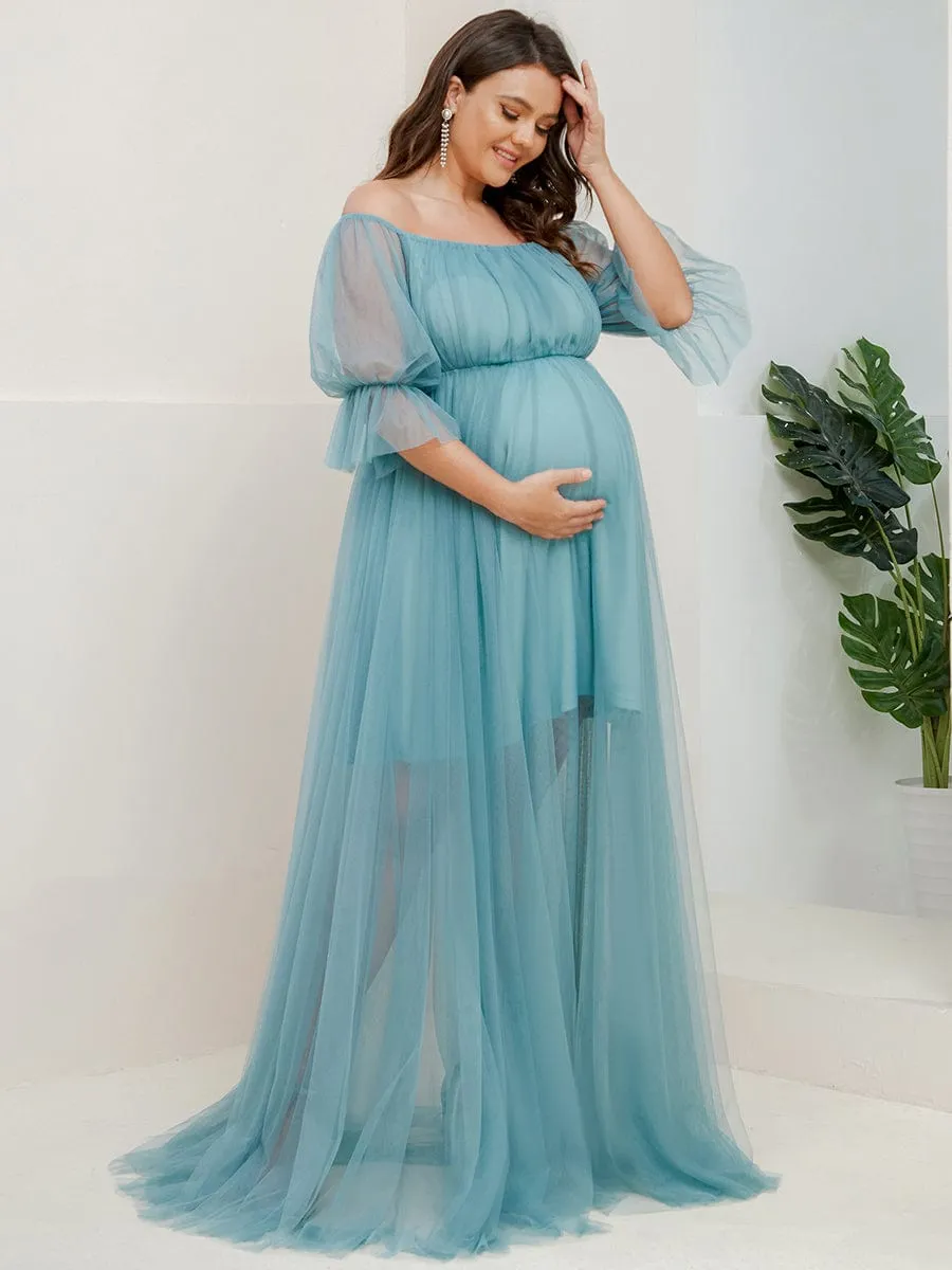 Plus Size Off-Shoulder Tulle Double Skirt Maxi Maternity Dress