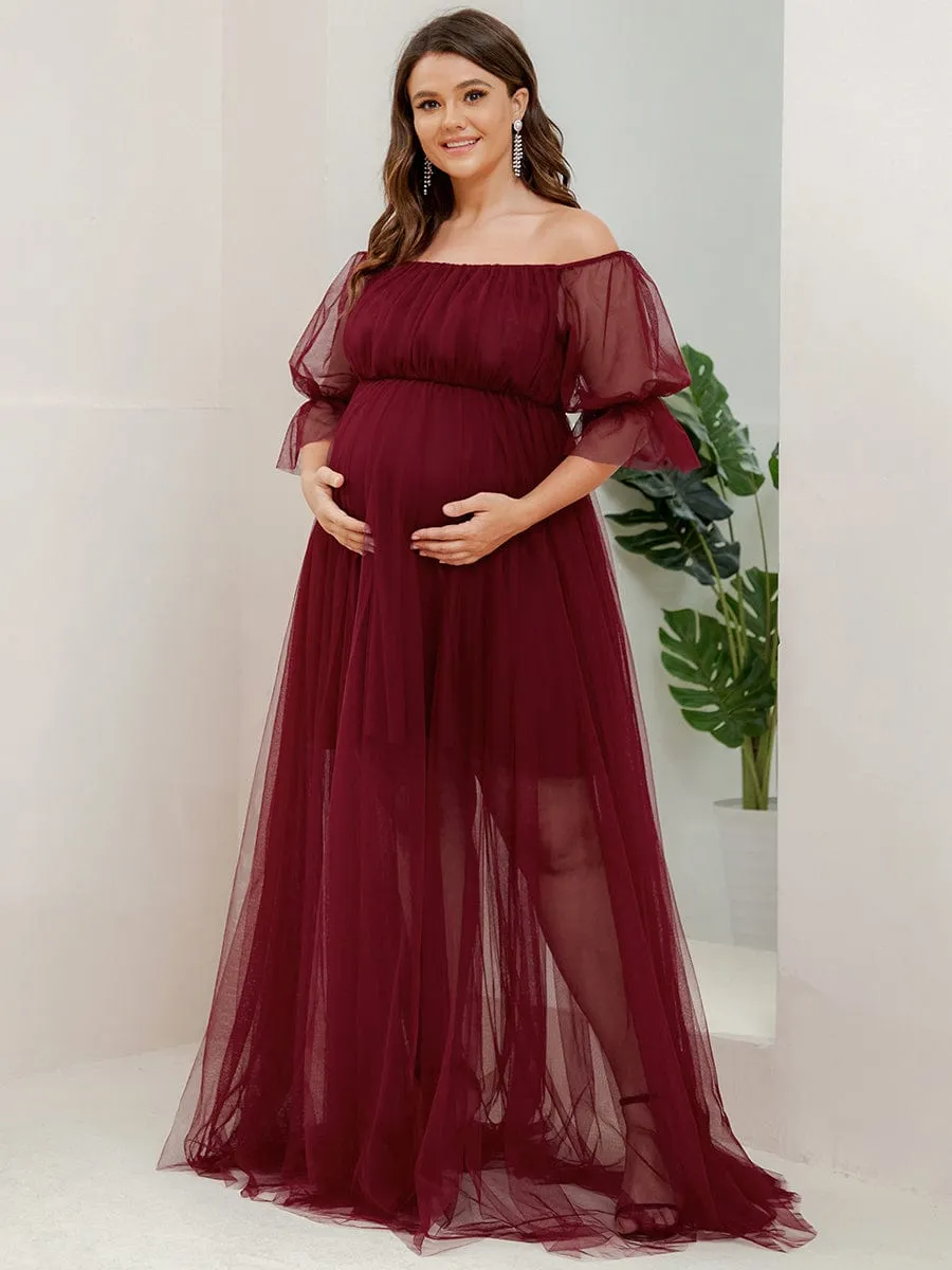 Plus Size Off-Shoulder Tulle Double Skirt Maxi Maternity Dress