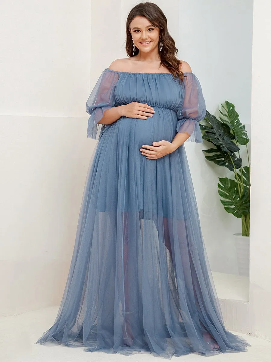 Plus Size Off-Shoulder Tulle Double Skirt Maxi Maternity Dress