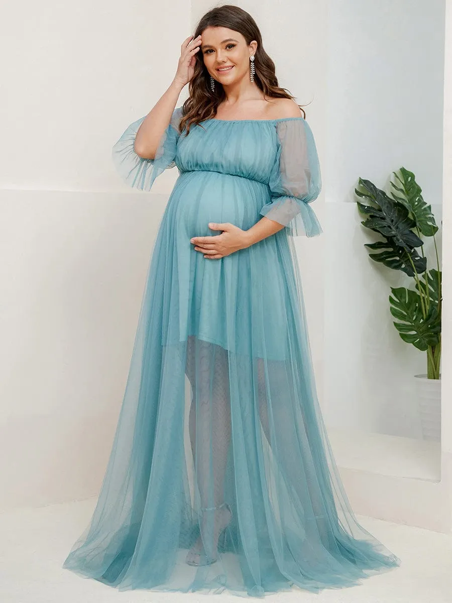 Plus Size Off-Shoulder Tulle Double Skirt Maxi Maternity Dress