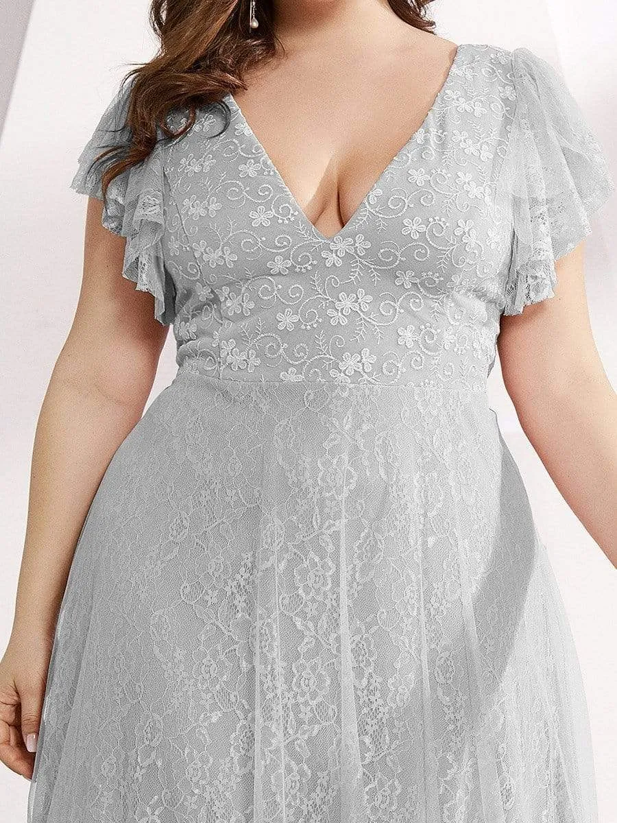 Plus Size Simple Lace Wedding Dress with Ruffle Sleeves