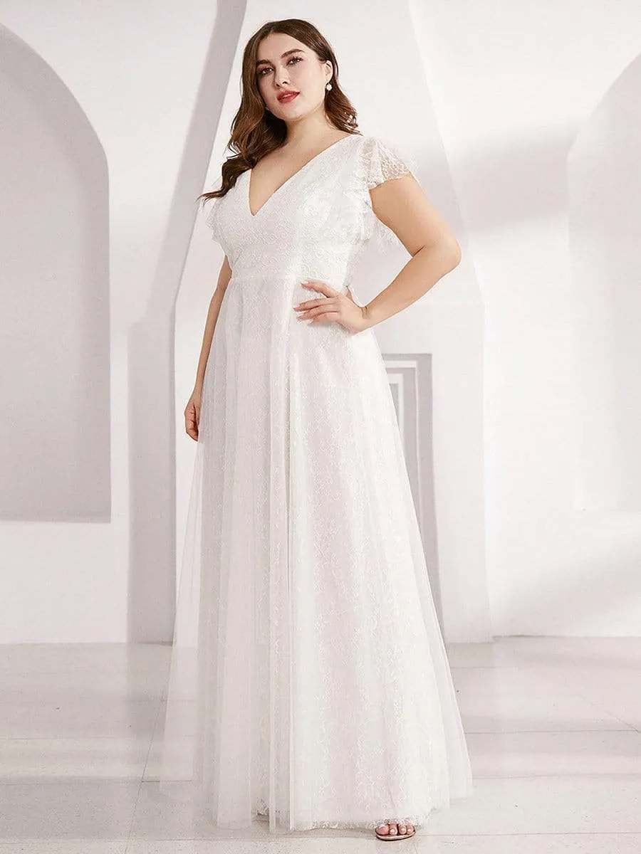 Plus Size Simple Lace Wedding Dress with Ruffle Sleeves