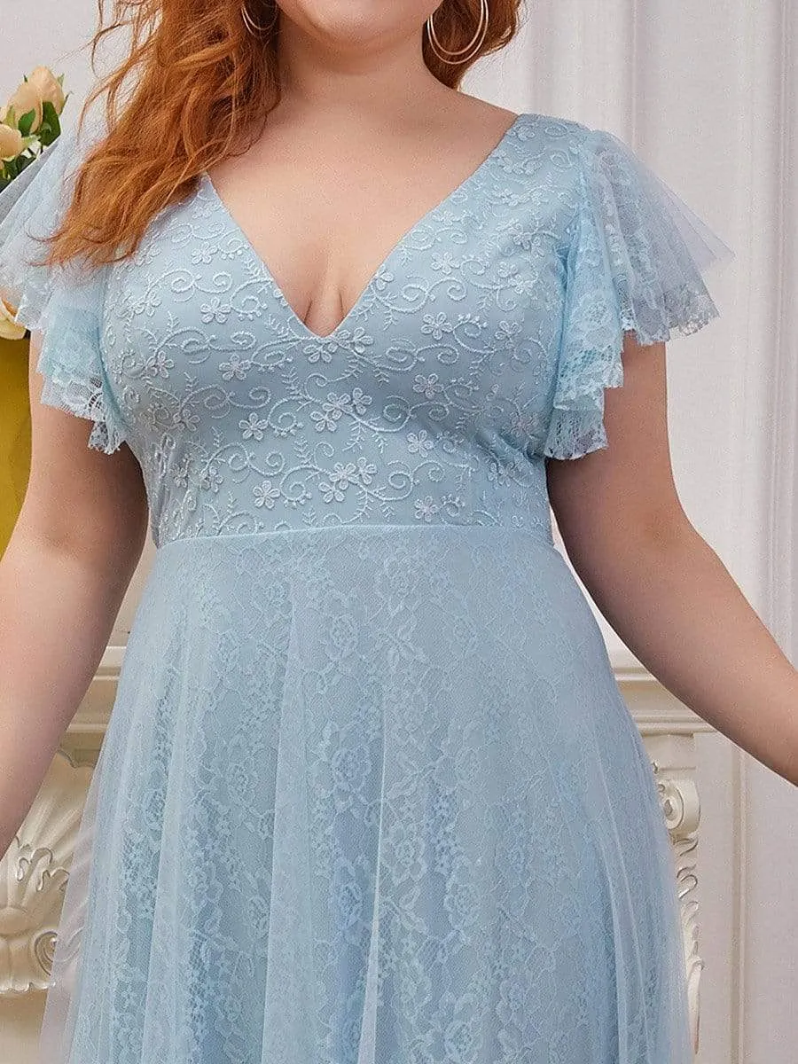 Plus Size Simple Lace Wedding Dress with Ruffle Sleeves