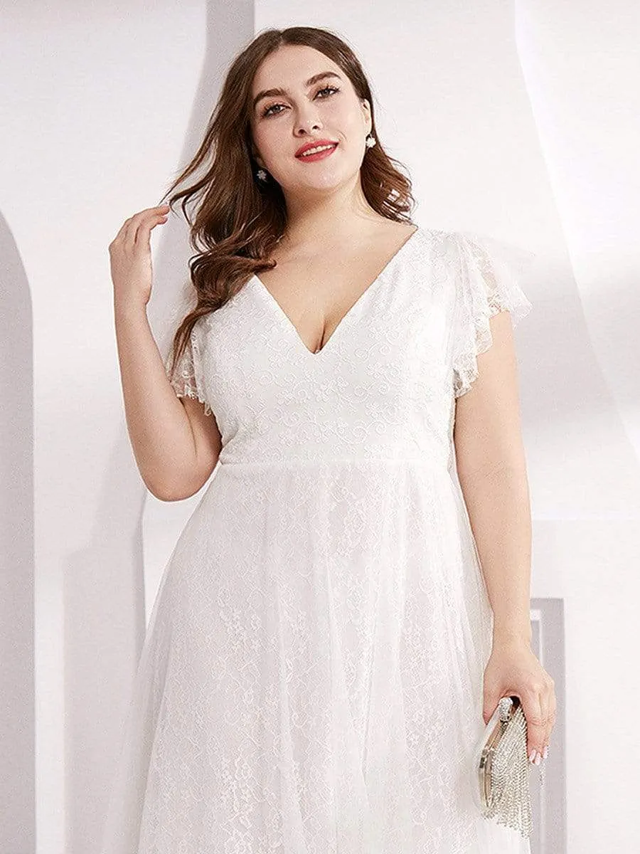 Plus Size Simple Lace Wedding Dress with Ruffle Sleeves