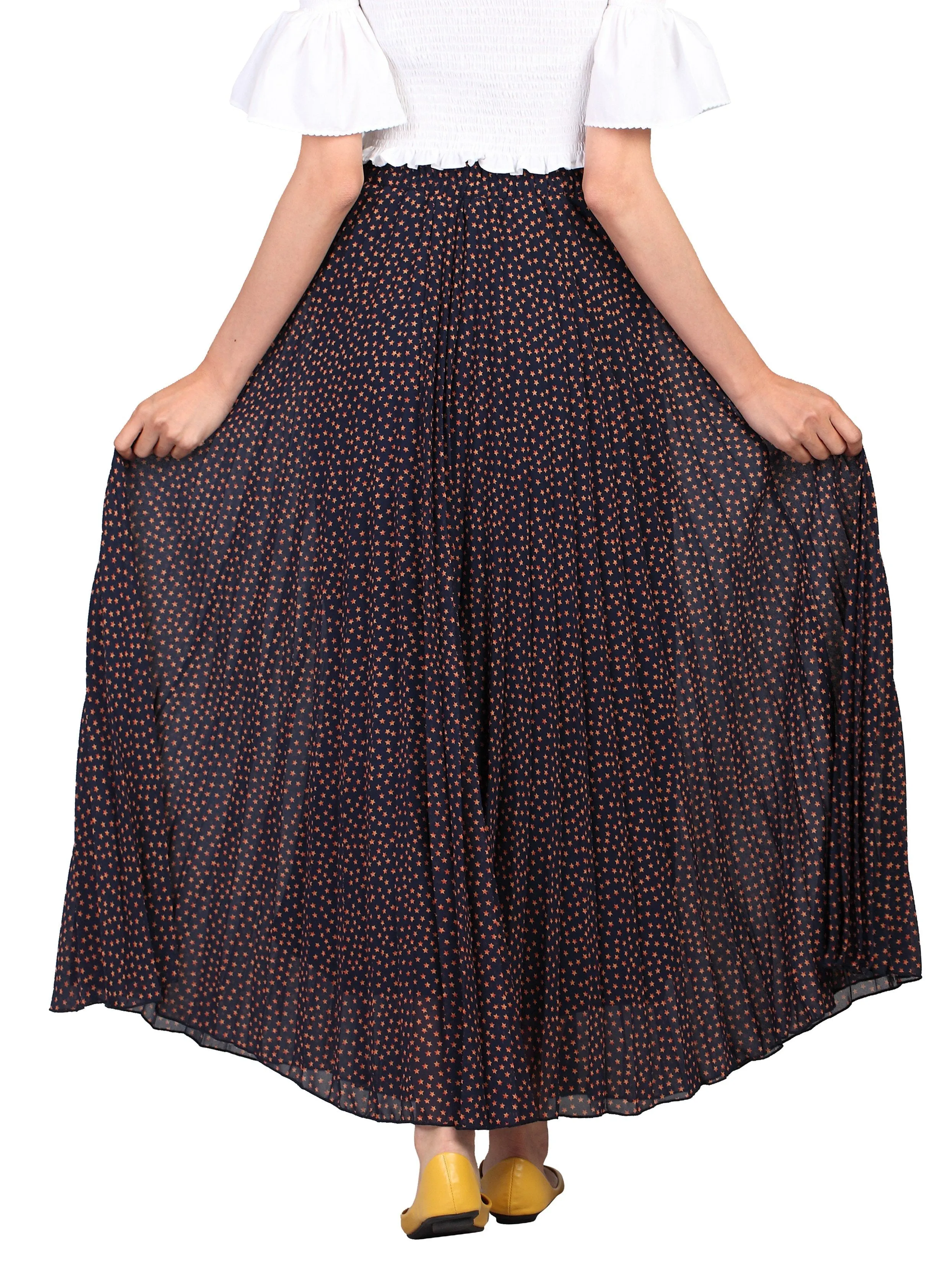 Print Pleated Maxi Skirt, Navy Star