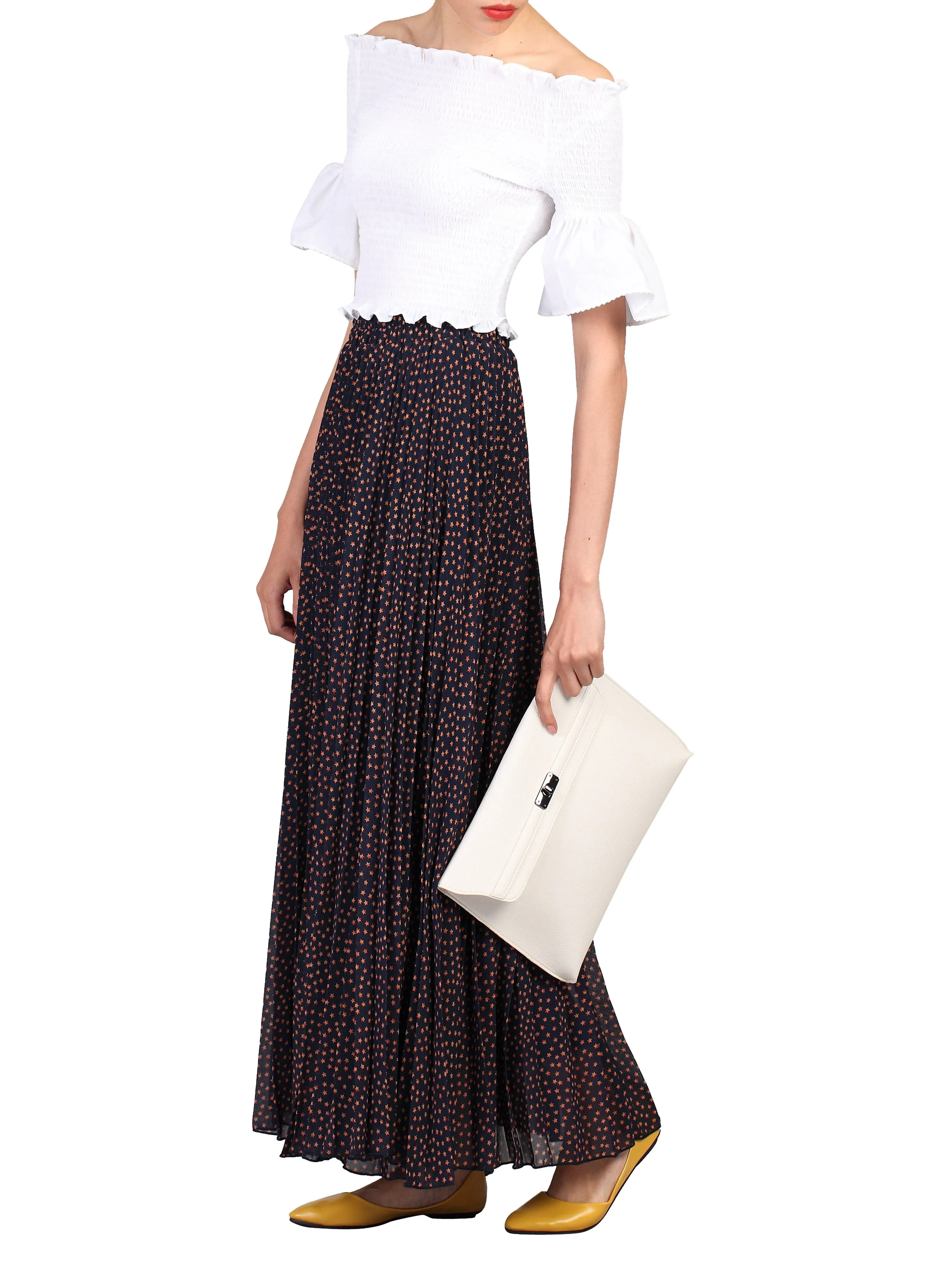 Print Pleated Maxi Skirt, Navy Star