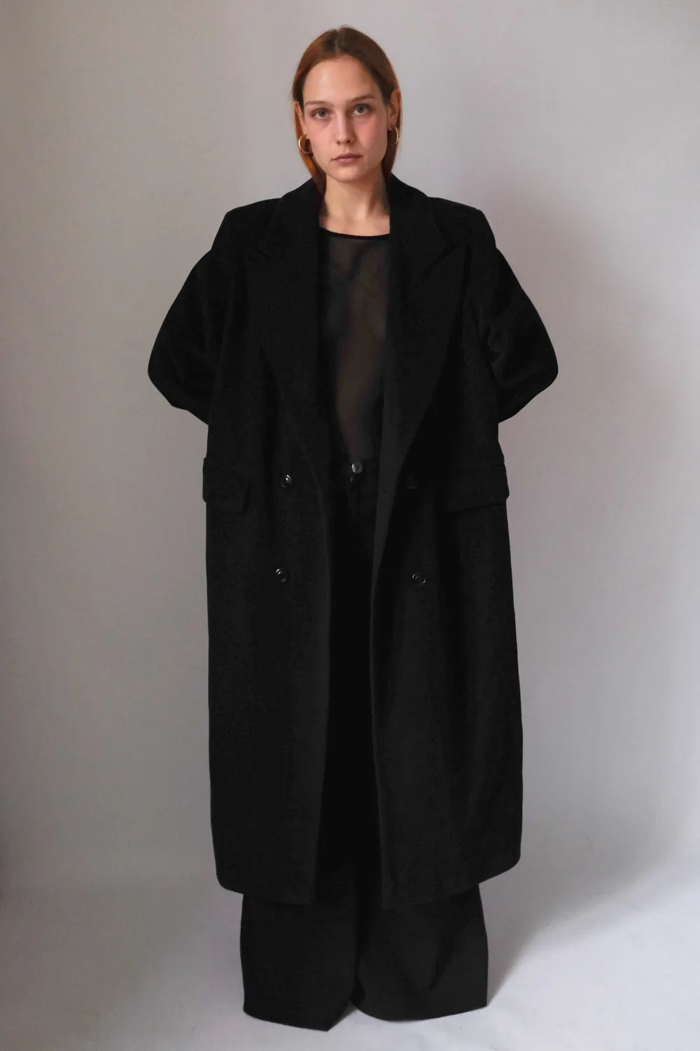 PURE CASHMERE WOOL BLACK LONG BLAZER COAT