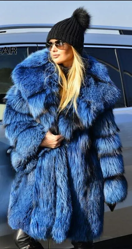 Real Silver Fox Fur Long Coat With Big Fur Hoodie