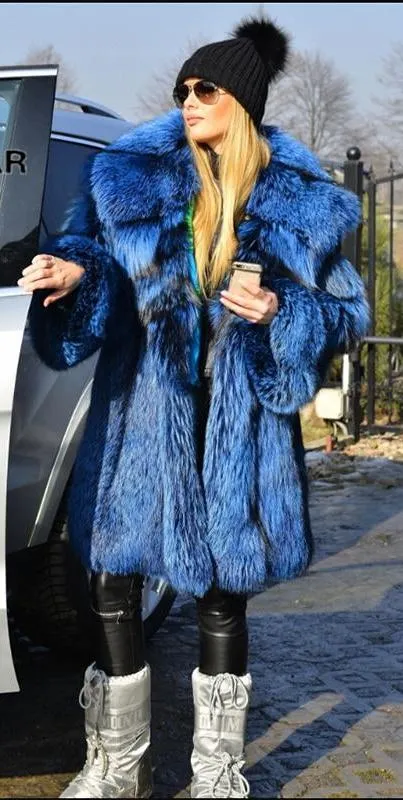 Real Silver Fox Fur Long Coat With Big Fur Hoodie