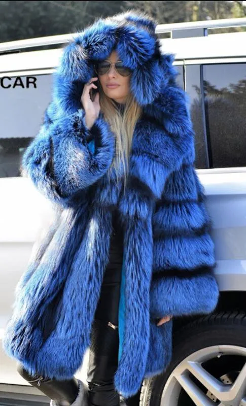 Real Silver Fox Fur Long Coat With Big Fur Hoodie