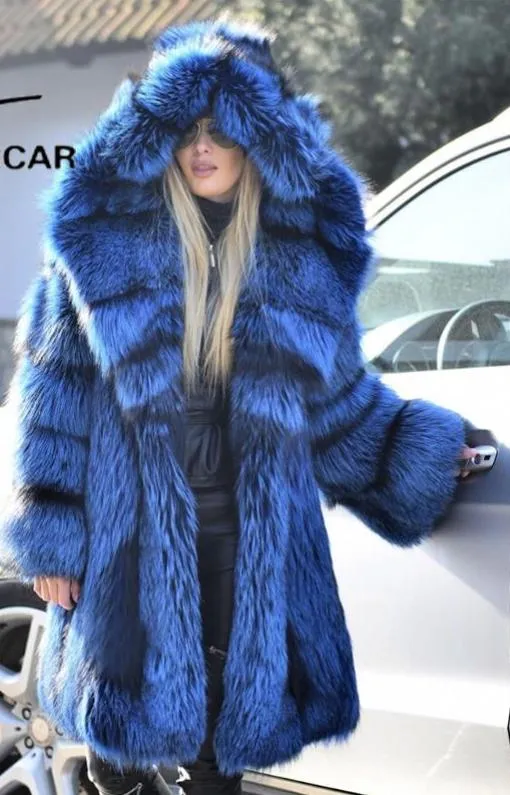 Real Silver Fox Fur Long Coat With Big Fur Hoodie