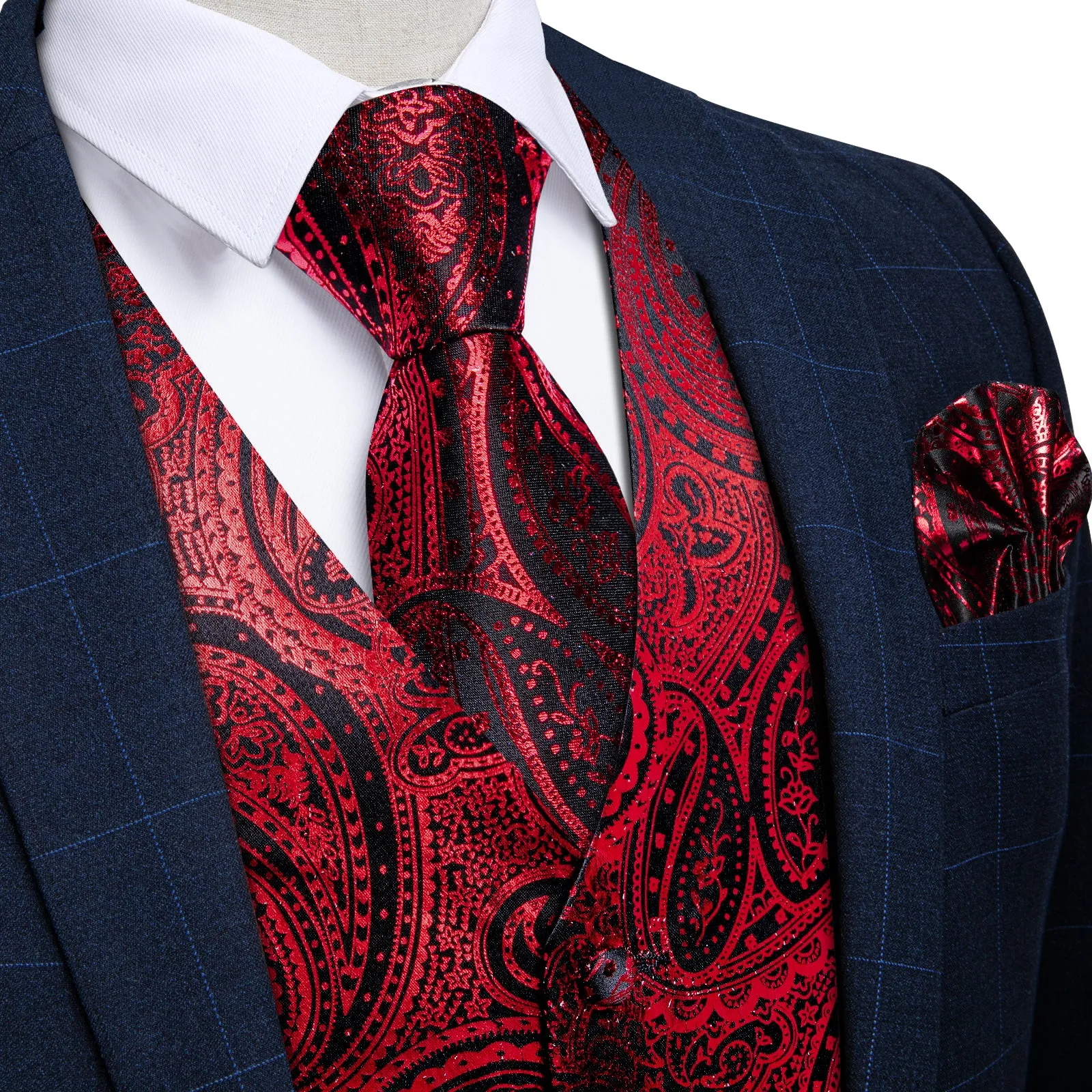 Red Paisley Silk Men's Vest Hanky Cufflinks Tie Set