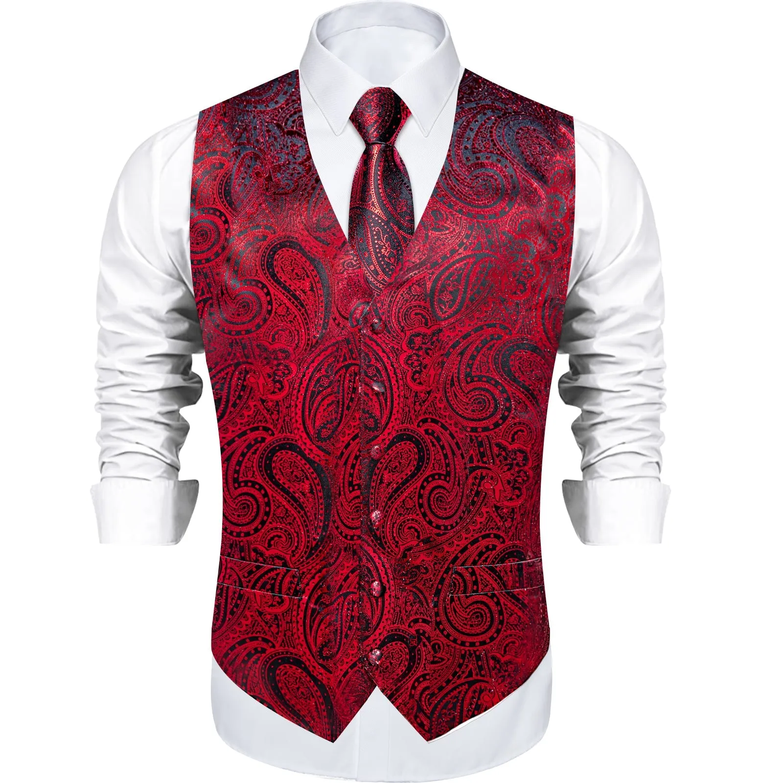 Red Paisley Silk Men's Vest Hanky Cufflinks Tie Set