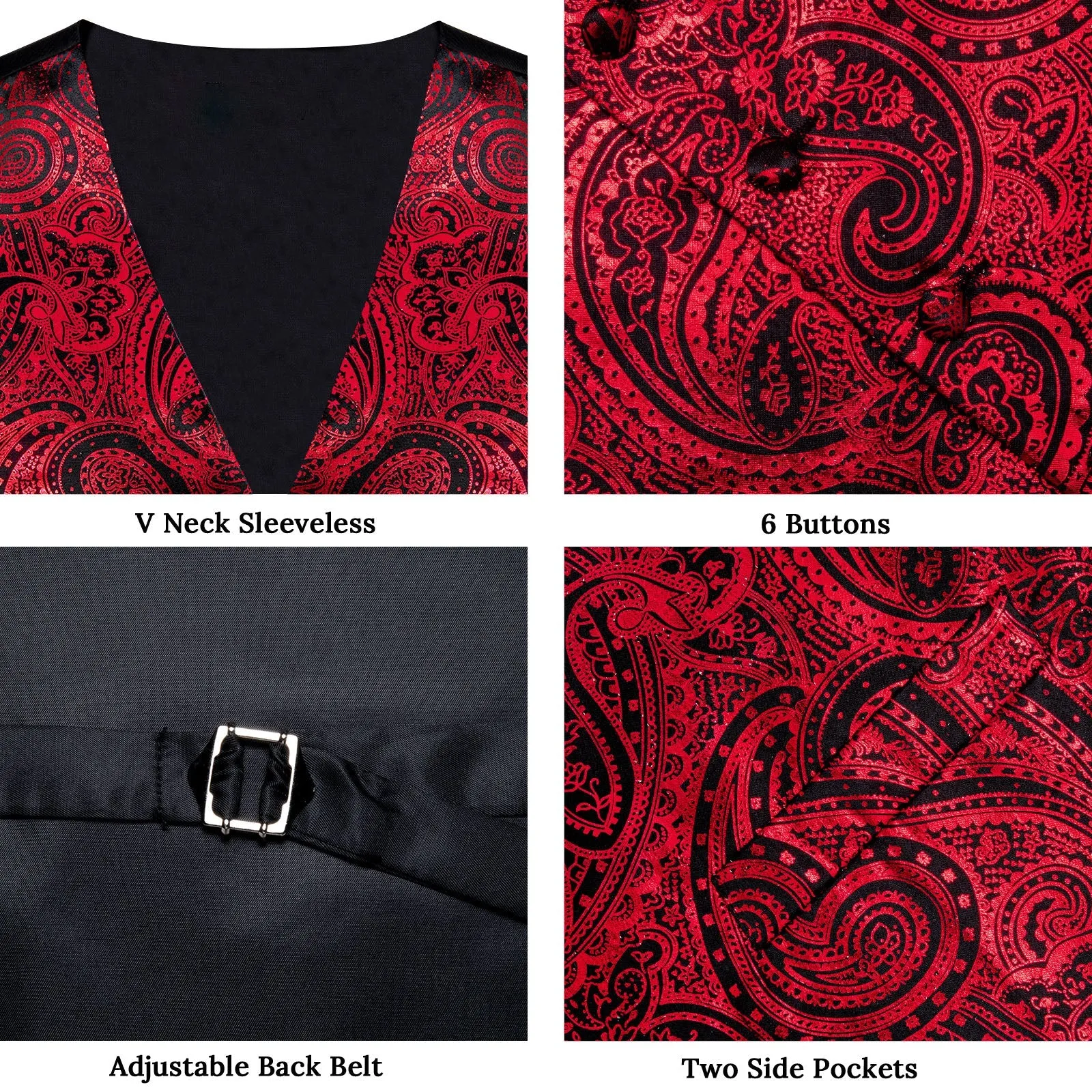 Red Paisley Silk Men's Vest Hanky Cufflinks Tie Set